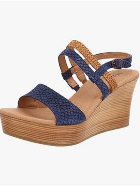 UGG Lira Mar Blue Snake Suede Embossed Tan Wedge Sandals Size 8